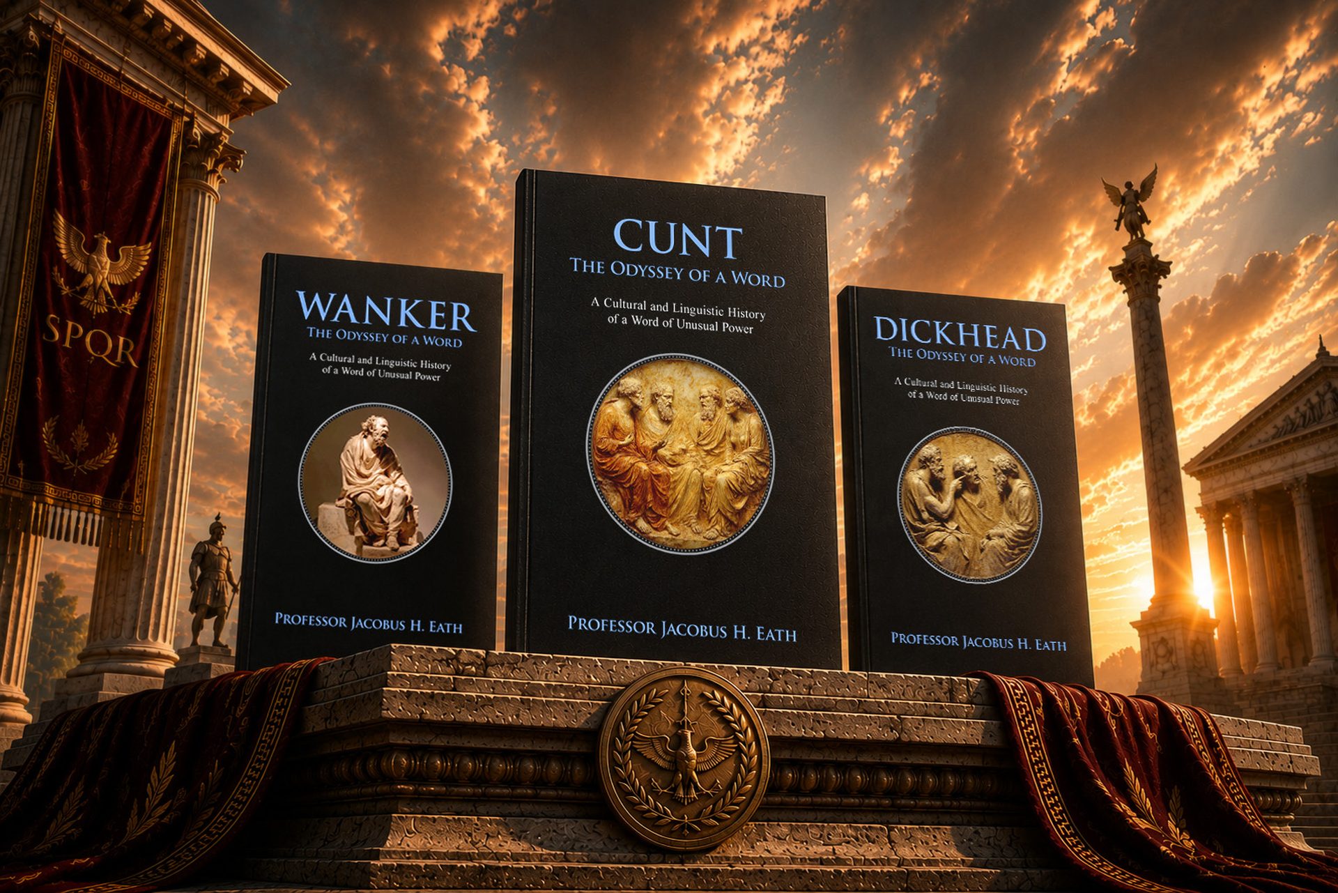 The Odyssey of a Word book series featuring Cunt, Wanker and Dickhead with other titles in the background